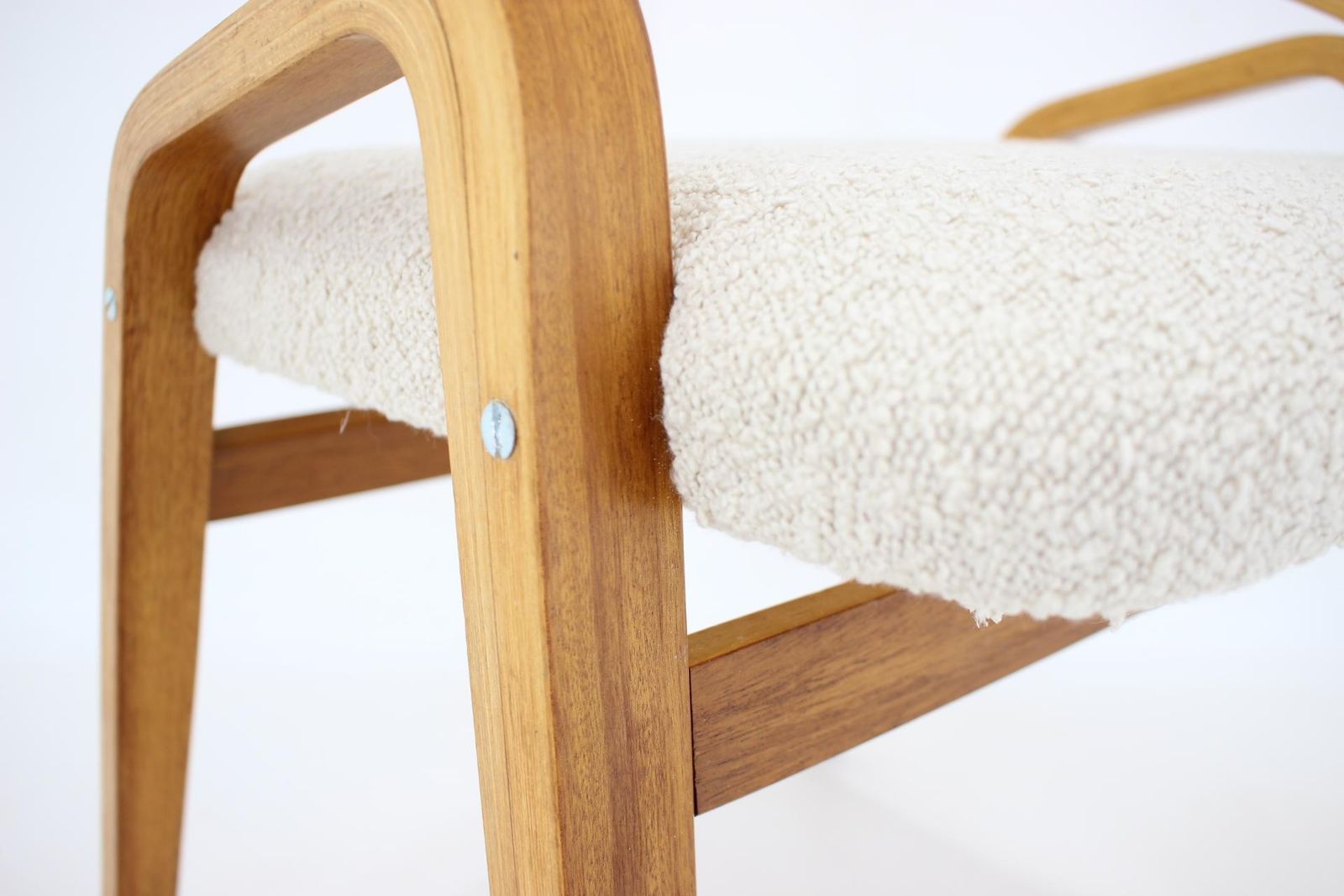 photo furniture 1970s Ludvík Volák Four Bentwood Dining Chairs In Boucle Fabric, Czechoslovakia