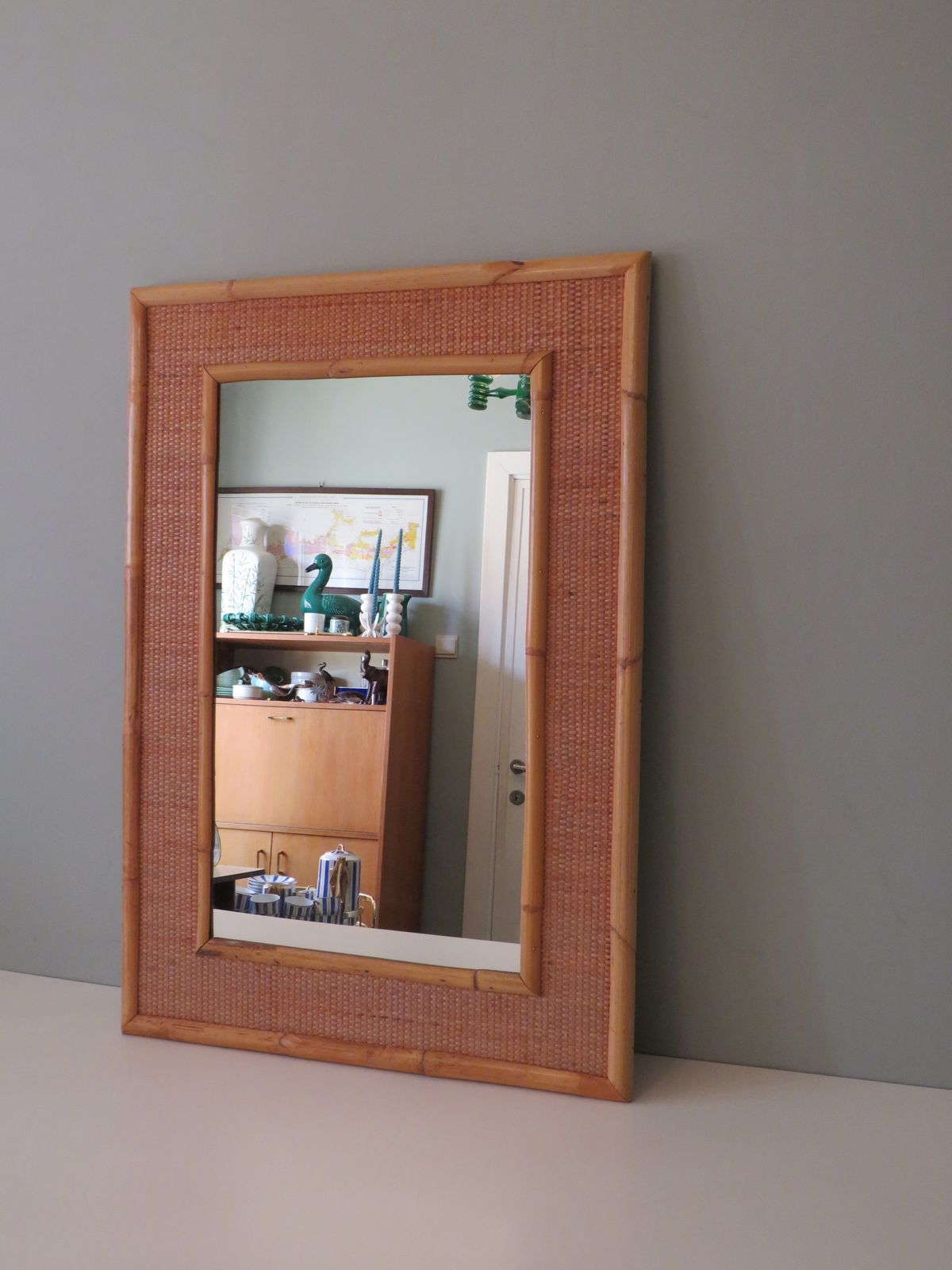 Large Mid Century Vera Dal Italian Wall Mirror In Bamboo And Cane. photo vintage
