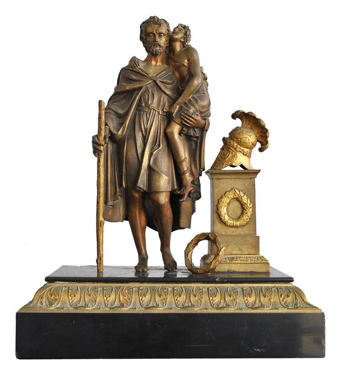 Bronze Representing Roman Soldier With Child Black Marble Base Xixth Century