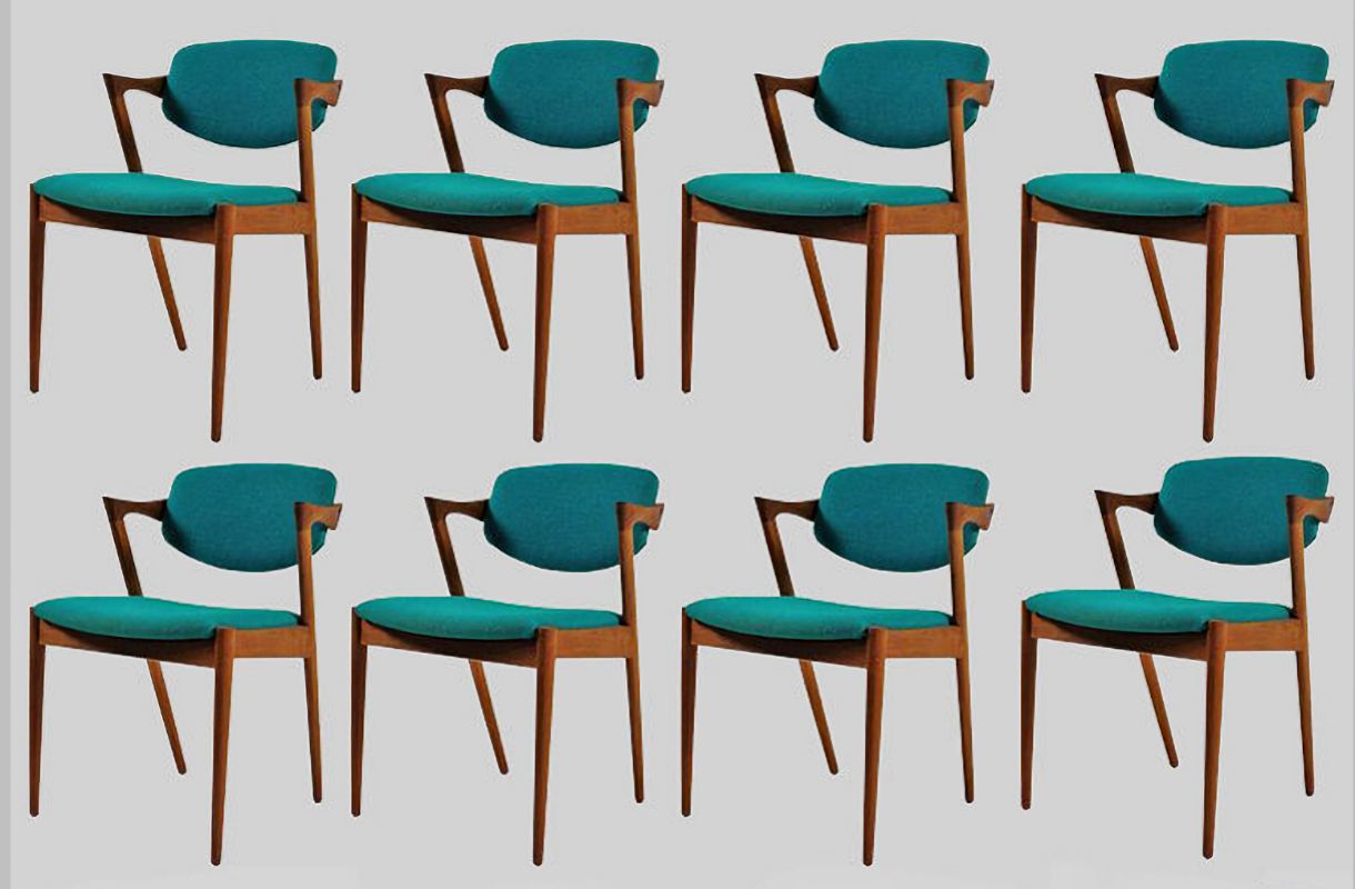 Eight Danish Fully Restoredkai Kristiansen Dining Chairs In Teak Inc. Custom Upholstry
