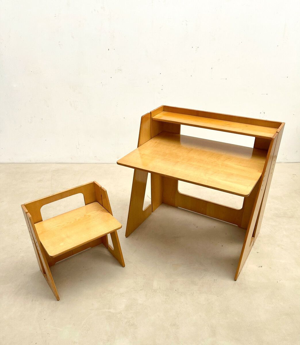 Mid Century Modern Foldable Wooden "6m" Desk & Chair Set photo for sale