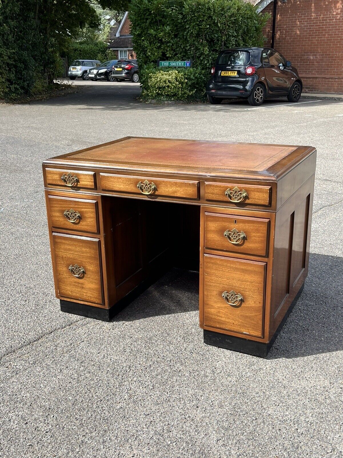 Mahogany Desk, Brass Handles, Panelled Sides & Rear.