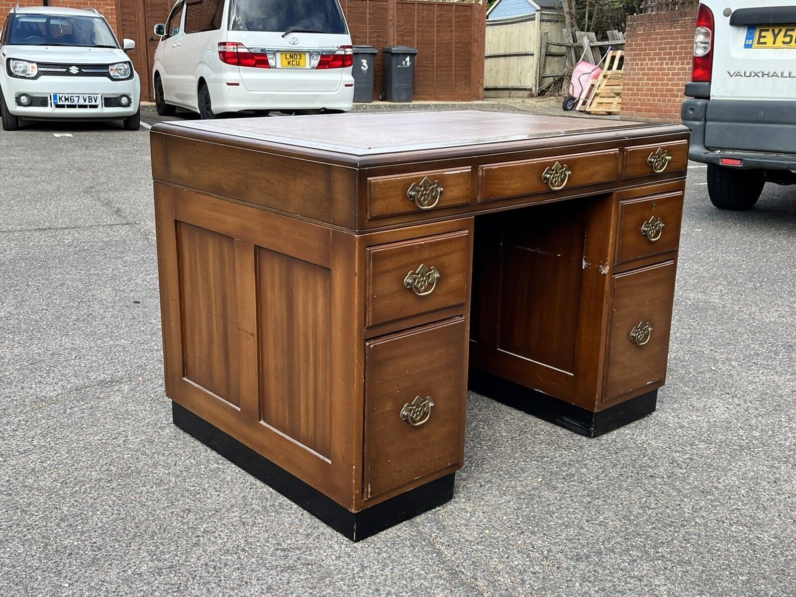 Mahogany Desk, Brass Handles, Panelled Sides & Rear. photo Furniture