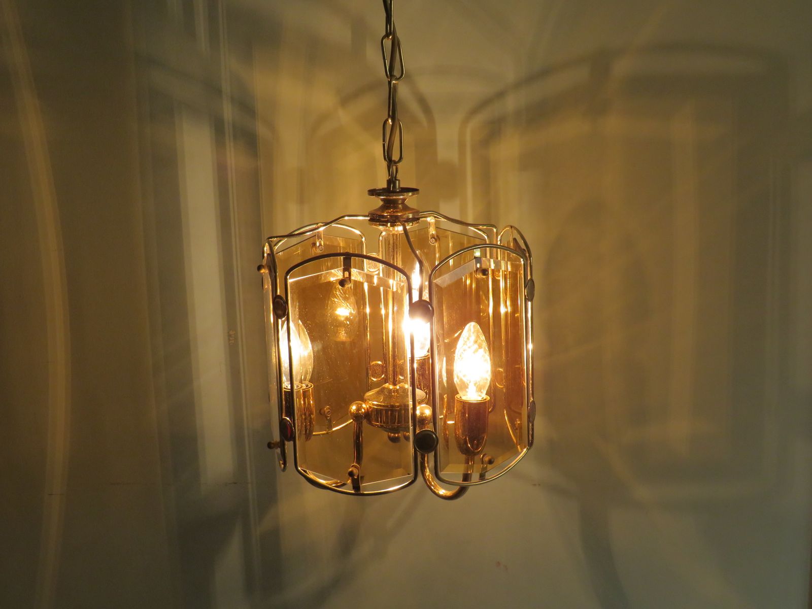 Chandelier With 6 Fumée Glass Cut Panels In Gold Coloured Frame, Belgium 1960 1970 photo furniture