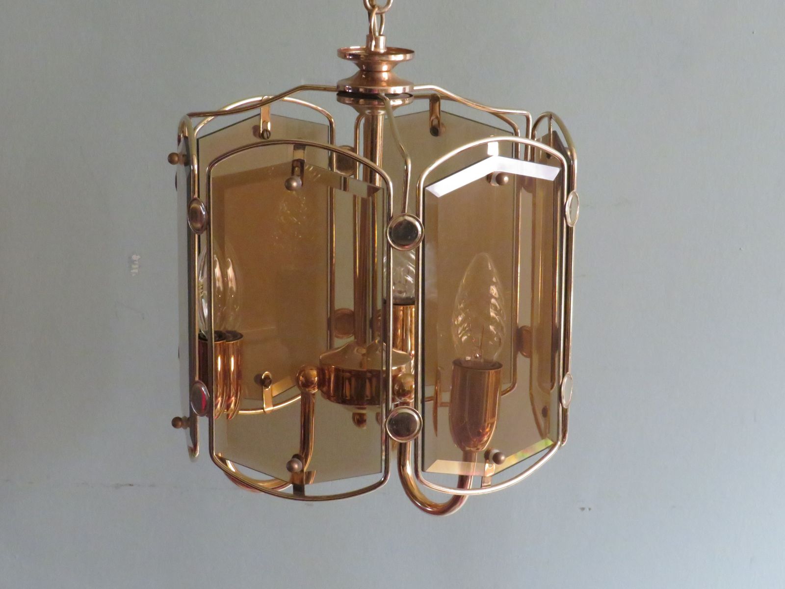 photo furniture Chandelier With 6 Fumée Glass Cut Panels In Gold Coloured Frame, Belgium 1960 1970