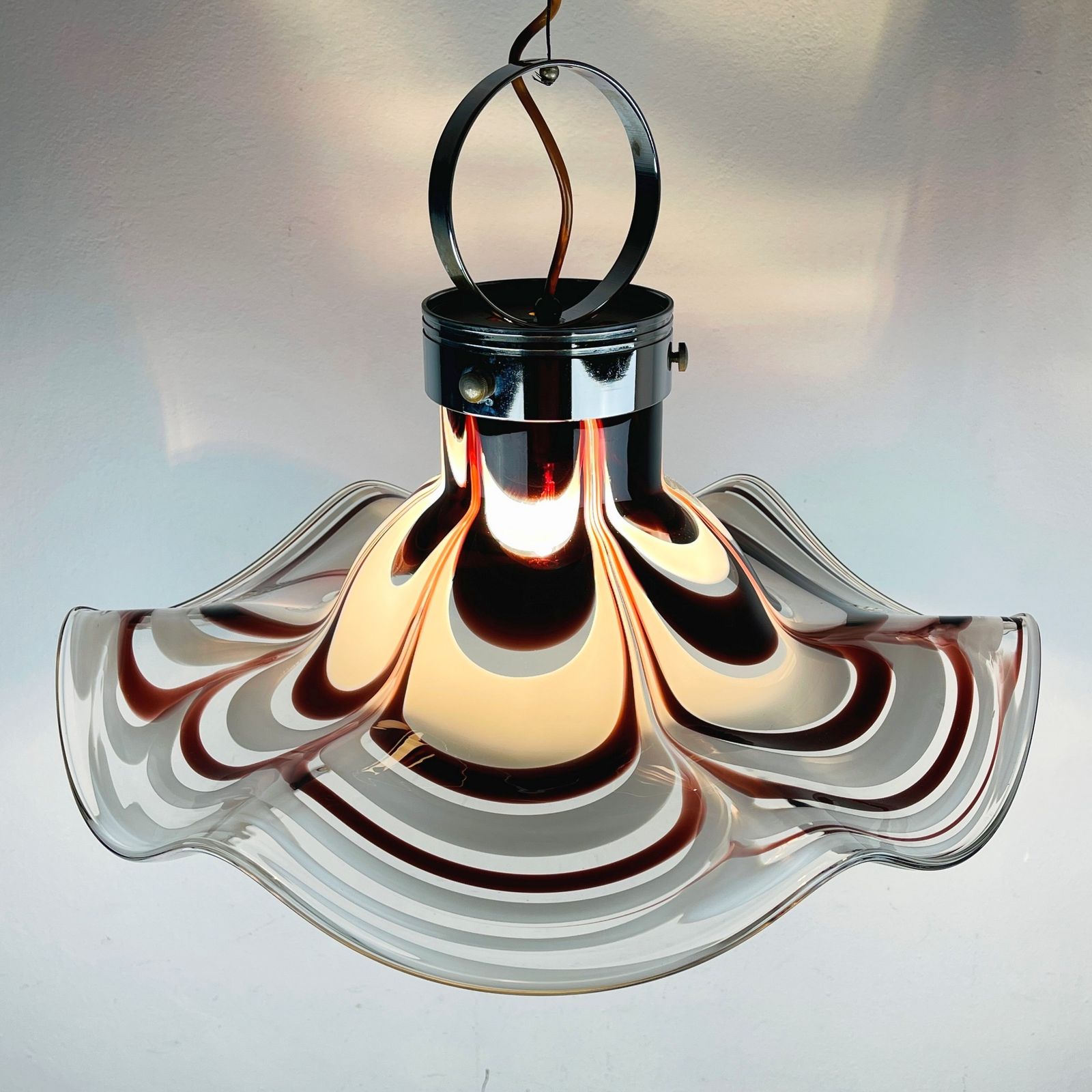 Original Murano Glass Brown Pendant Lamp Flower By Av Mazzega Italy 1970s photo furniture