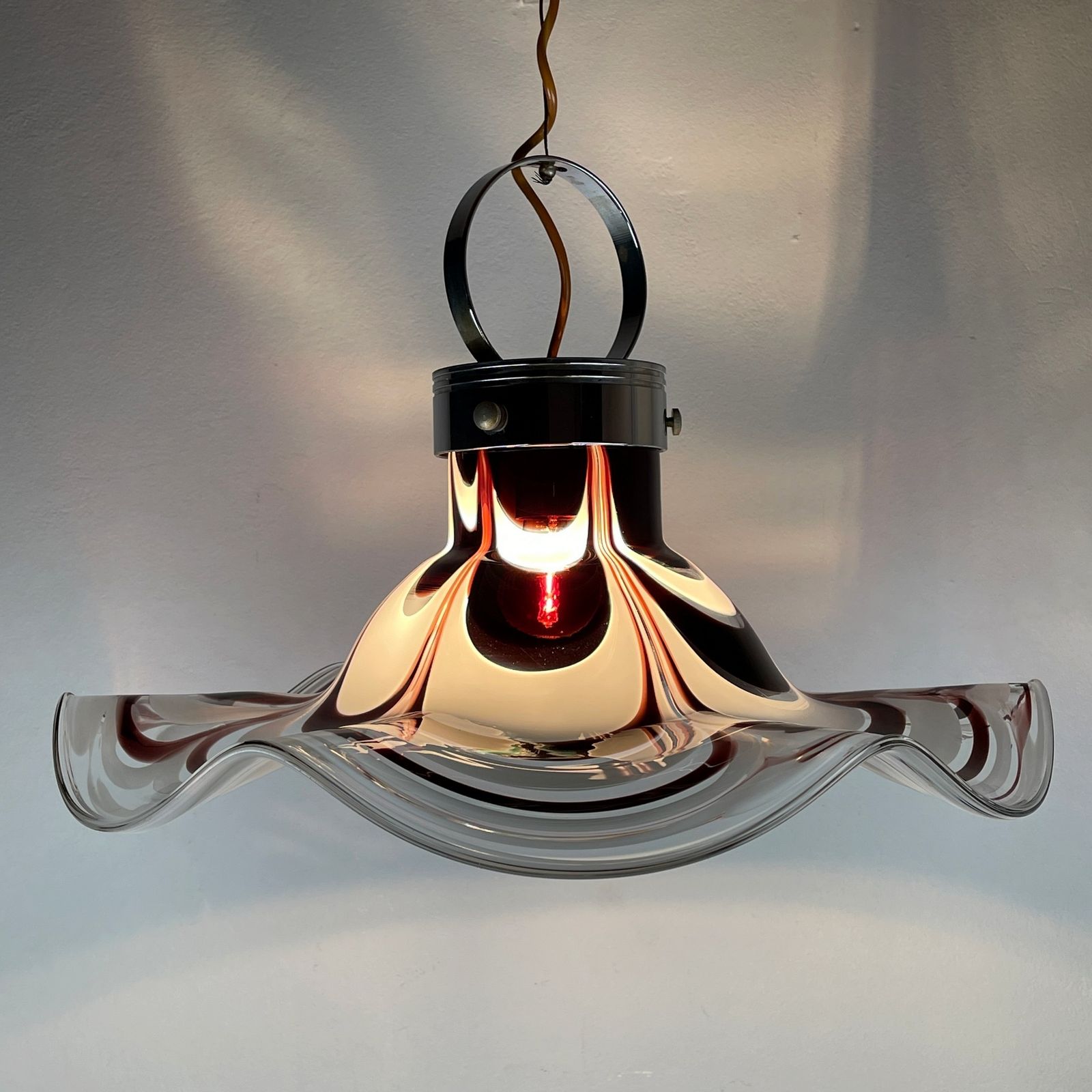 Original Murano Glass Brown Pendant Lamp Flower By Av Mazzega Italy 1970s photo vintage