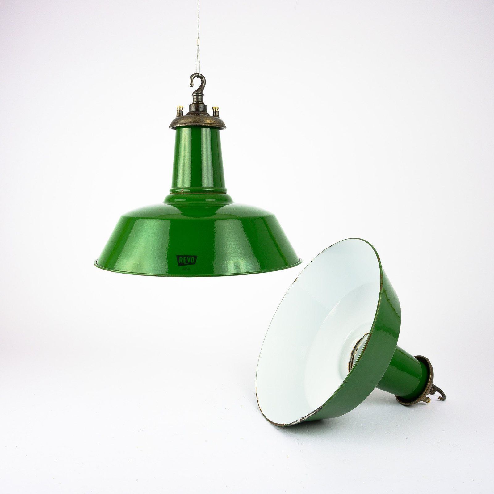 Original Industrial Green Enamel Factory Pendant Lights By Revo Tipton photo 275.0