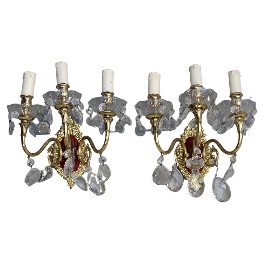 Pair Of Wall Lamps In Brass And Mid Century Italian Crystal Enamels 1950s