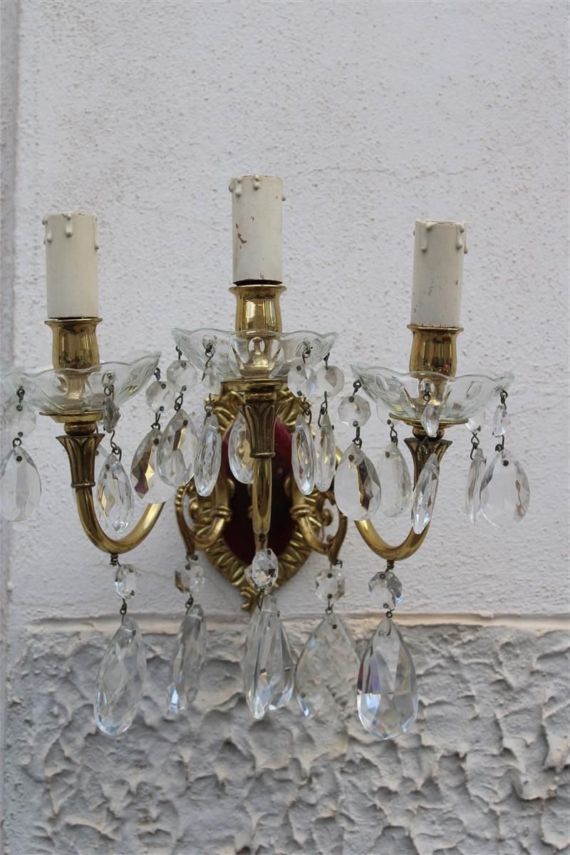 Pair Of Wall Lamps In Brass And Mid Century Italian Crystal Enamels 1950s photo vintage