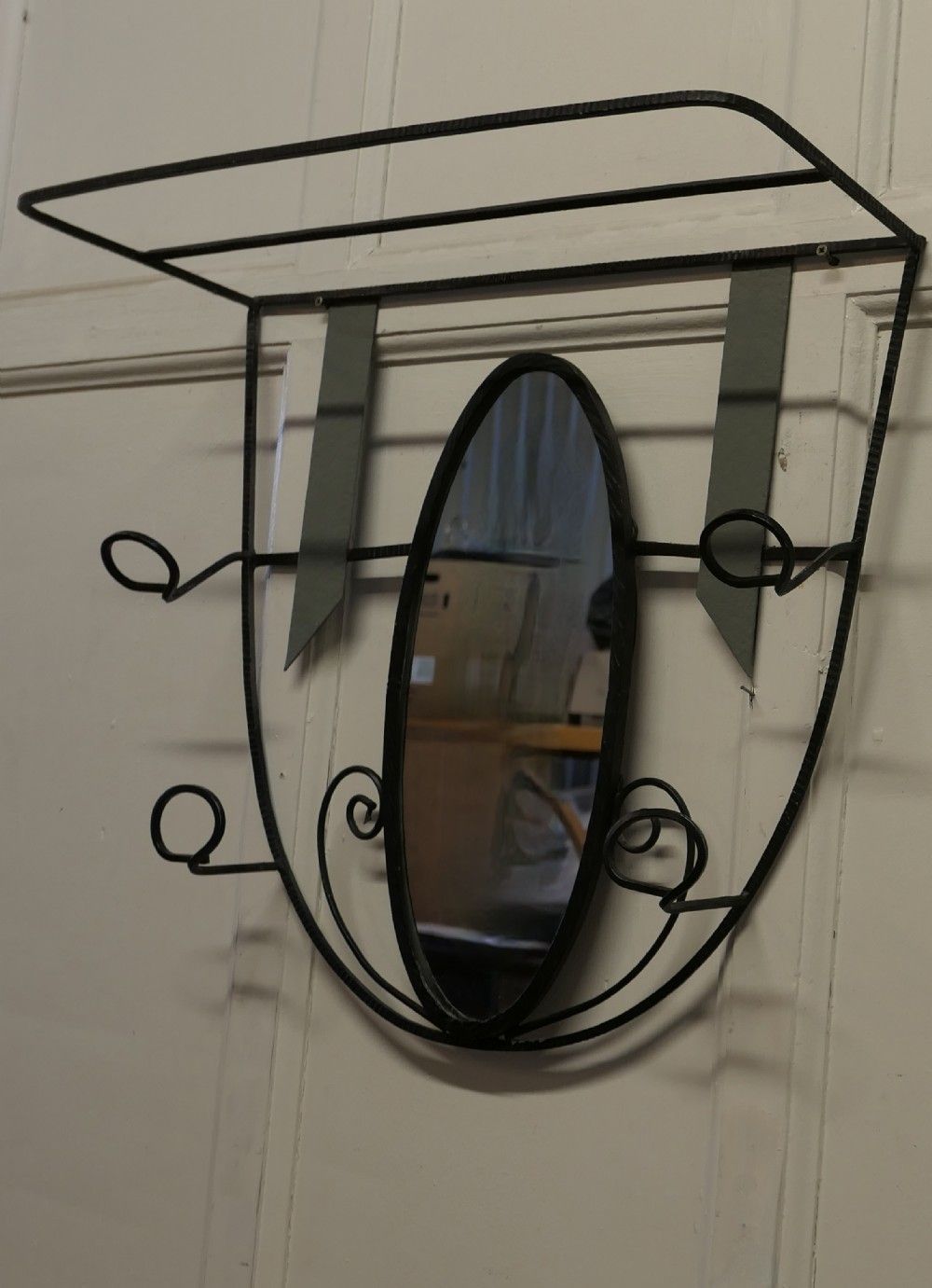 French Retro Chic Iron And Toleware Hat And Coat Rack With Oval Mirror photo for sale
