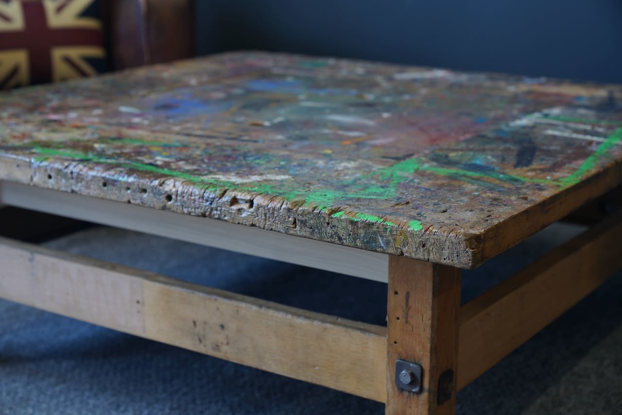 Handmade Large Square Coffee Table Hidden Compartment Paint Splattered photo vinterior