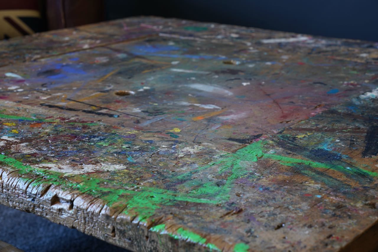 Handmade Large Square Coffee Table Hidden Compartment Paint Splattered photo vintage