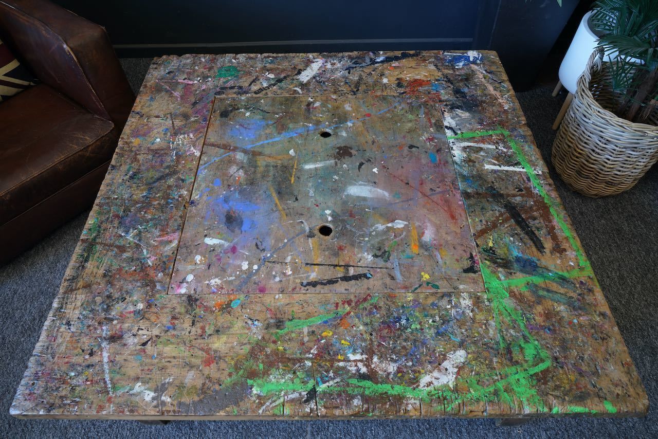 photo furniture Handmade Large Square Coffee Table Hidden Compartment Paint Splattered