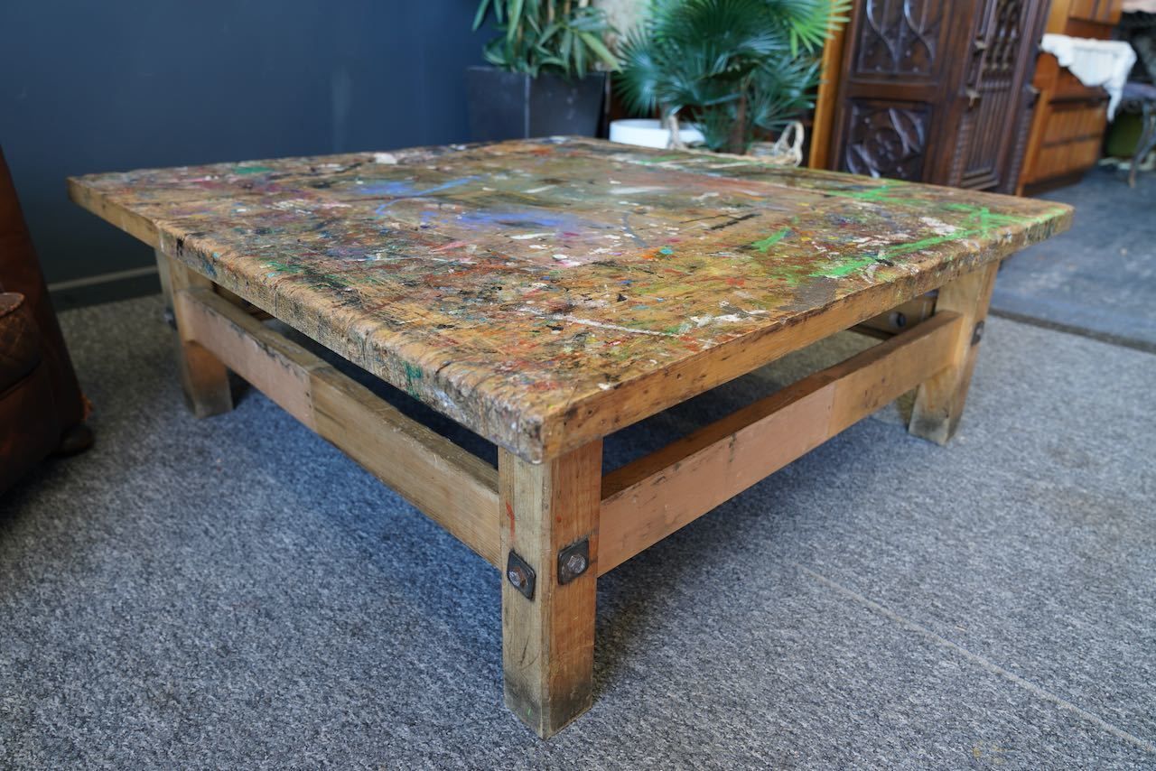 1200.0 Handmade Large Square Coffee Table Hidden Compartment Paint Splattered photo
