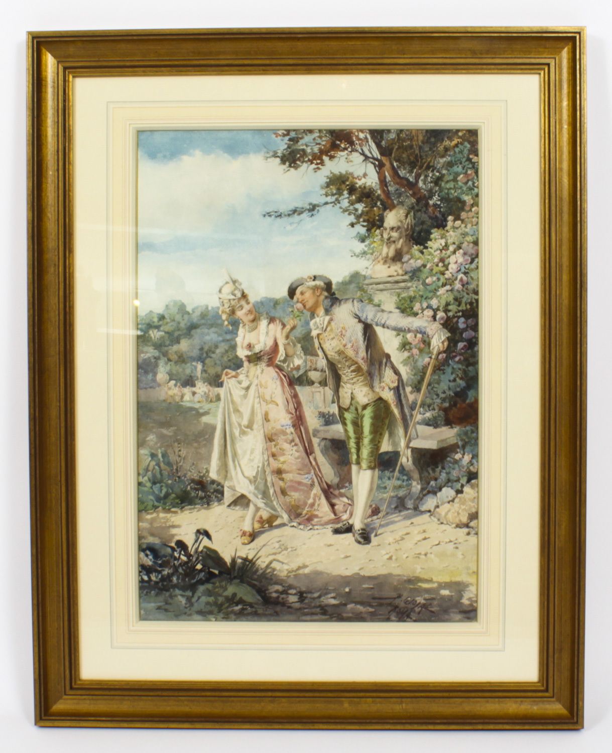 Antique Water Colour  "The Romantic Walk"  By  Belisario Gioja   19th C