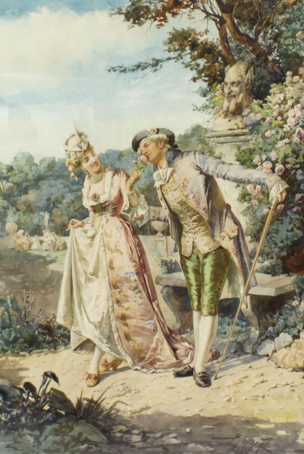 Antique Water Colour  "The Romantic Walk"  By  Belisario Gioja   19th C photo furniture