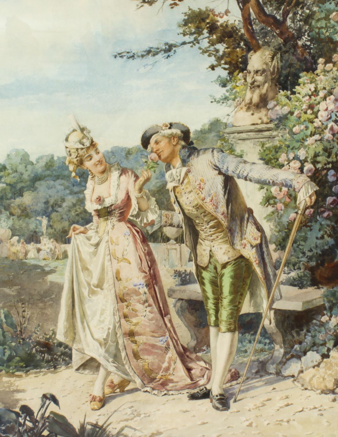 Antique Water Colour  "The Romantic Walk"  By  Belisario Gioja   19th C photo vintage