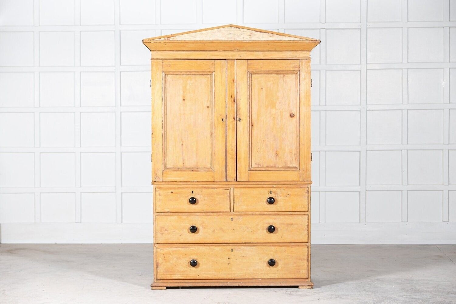 19thc Pedimented English Pine Linen Press