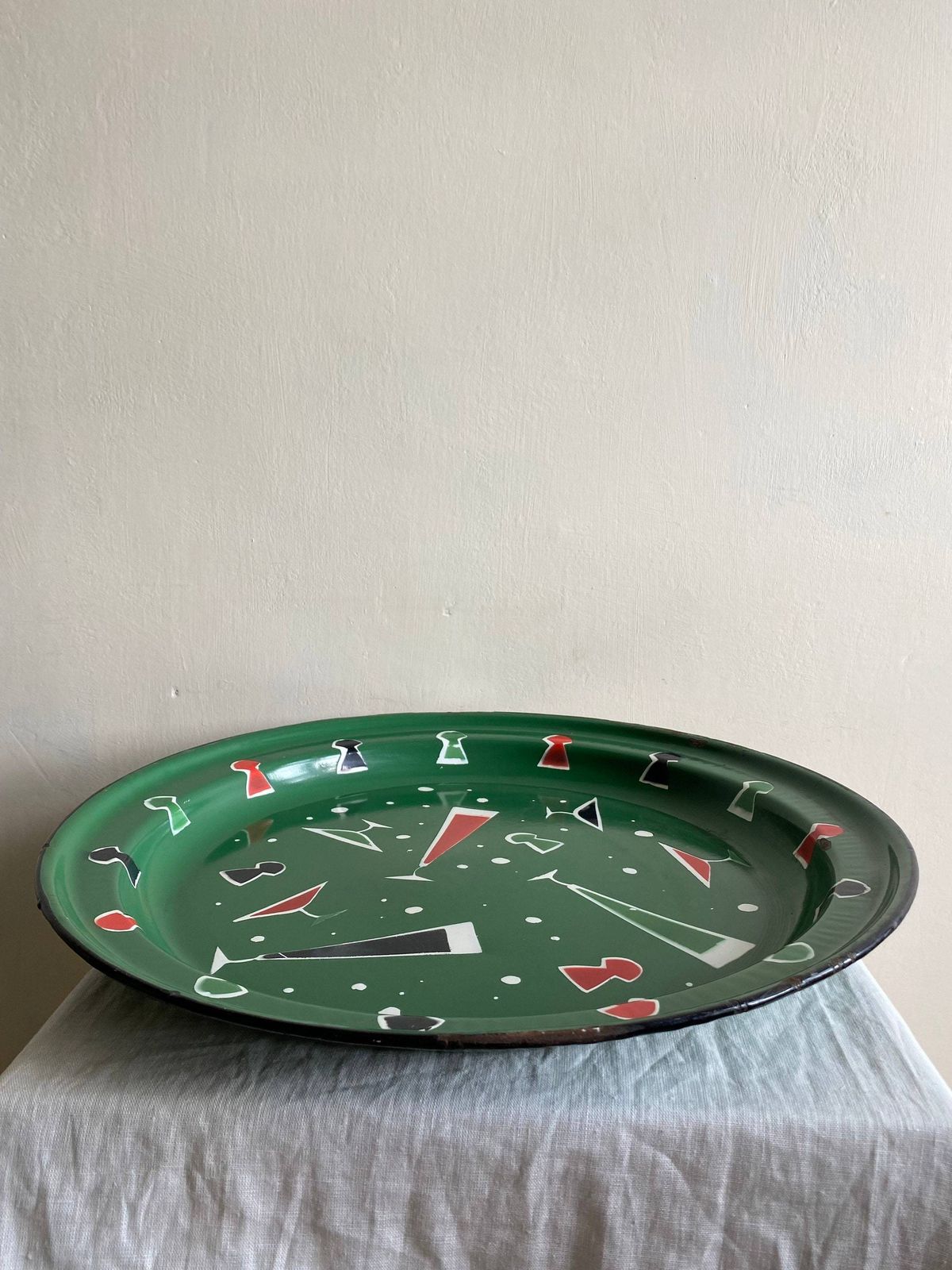 Green Enamel Cocktail Tray Platter With Drinks Party Motifs, Hand Painted Mid Century French Metal Serving Dish Charger C.1970 1970s photo furniture