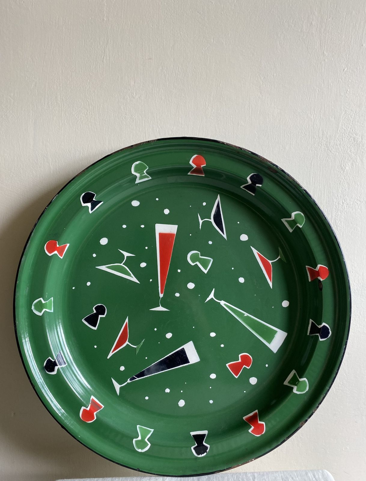 Green Enamel Cocktail Tray Platter With Drinks Party Motifs, Hand Painted Mid Century French Metal Serving Dish Charger C.1970 1970s