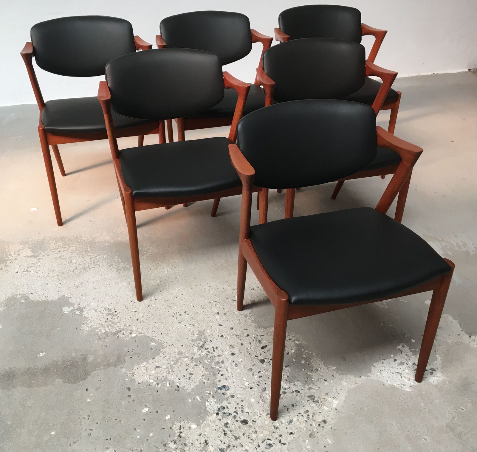 Kai Kristiansen Six Fully Restored Teak Dining Chairs Inc. Custom Reupholstry photo furniture