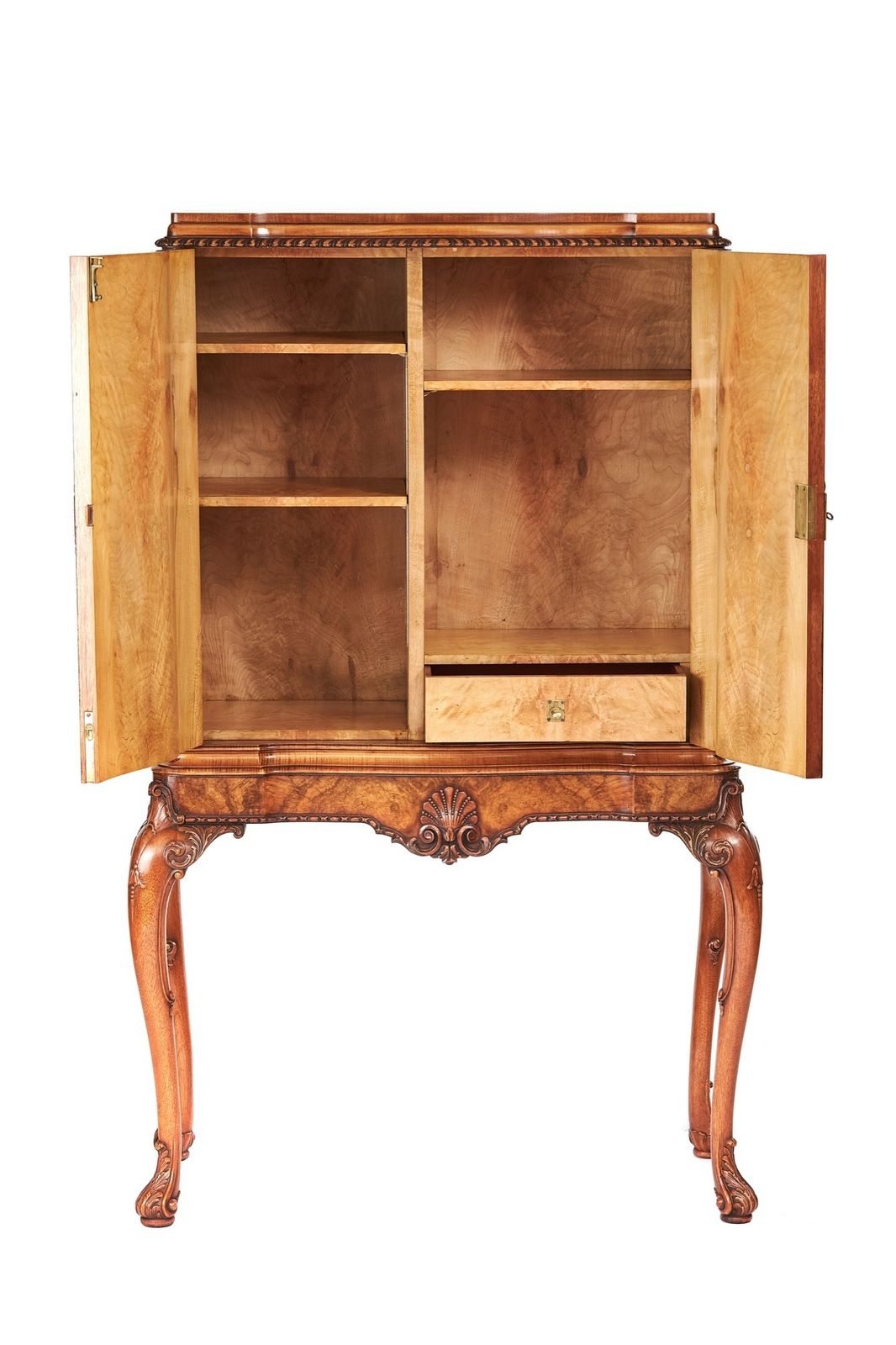 Fine Burr Walnut & Carved  Cocktail Cabinet On Stand photo for sale