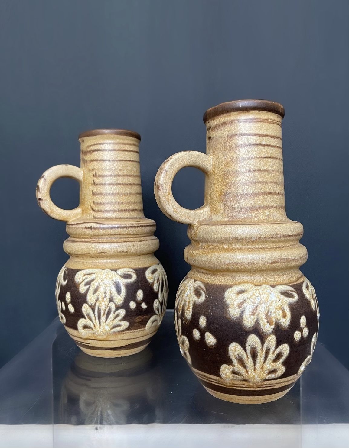West German Scheurich Medium Handled Vase 428 26: Brown & Cream With Flowers