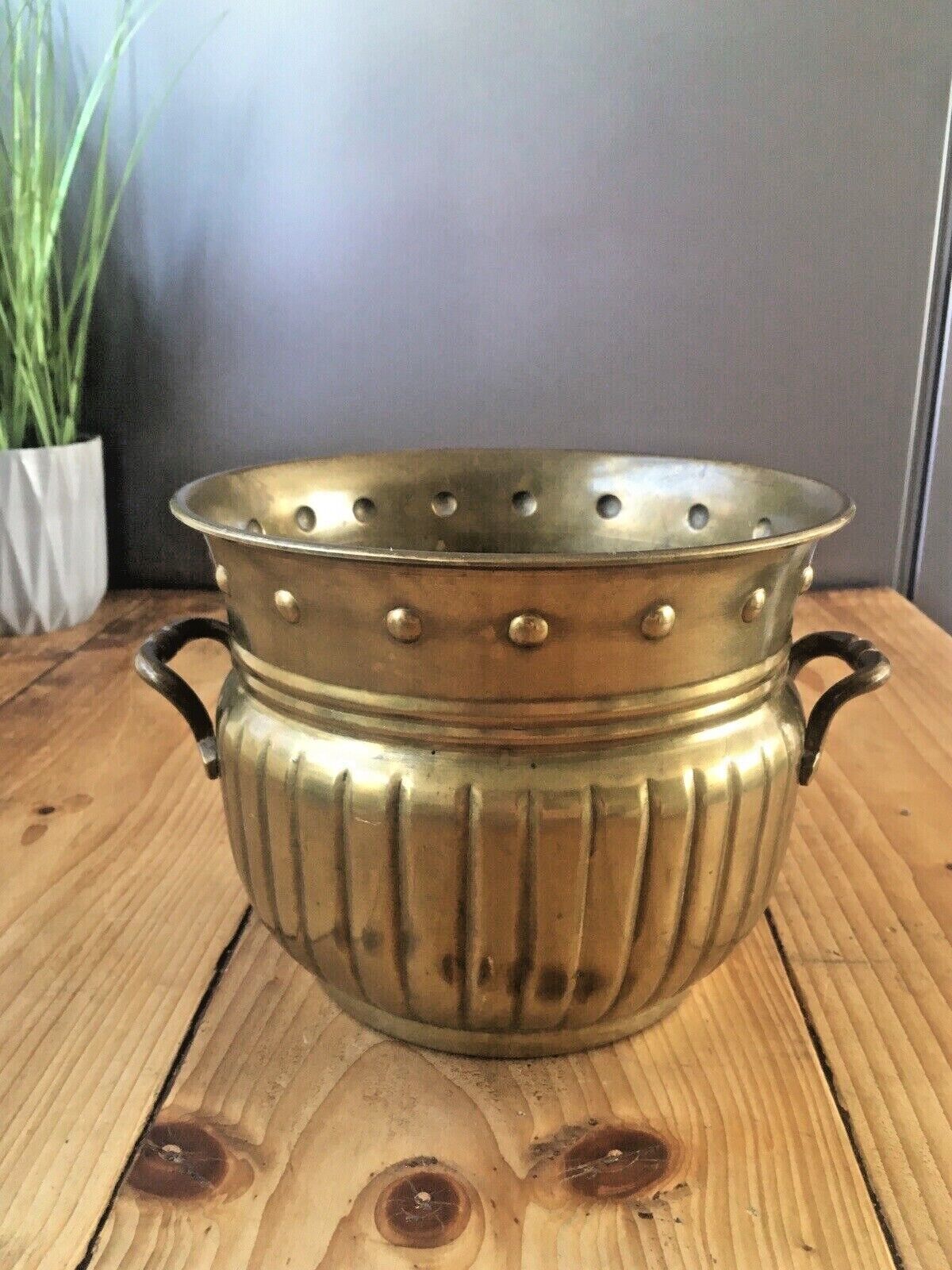 Vintage Reeded Brass Faux Studded Planter Flower Plant Pot Boho 60's 70s Antique photo 80.0