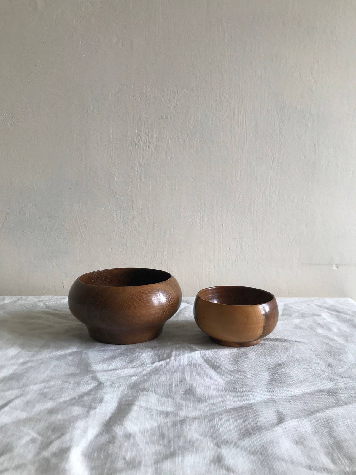 Handmade Wooden Bowls In Solid Yew, Set Of Two Vintage Nesting Dishes