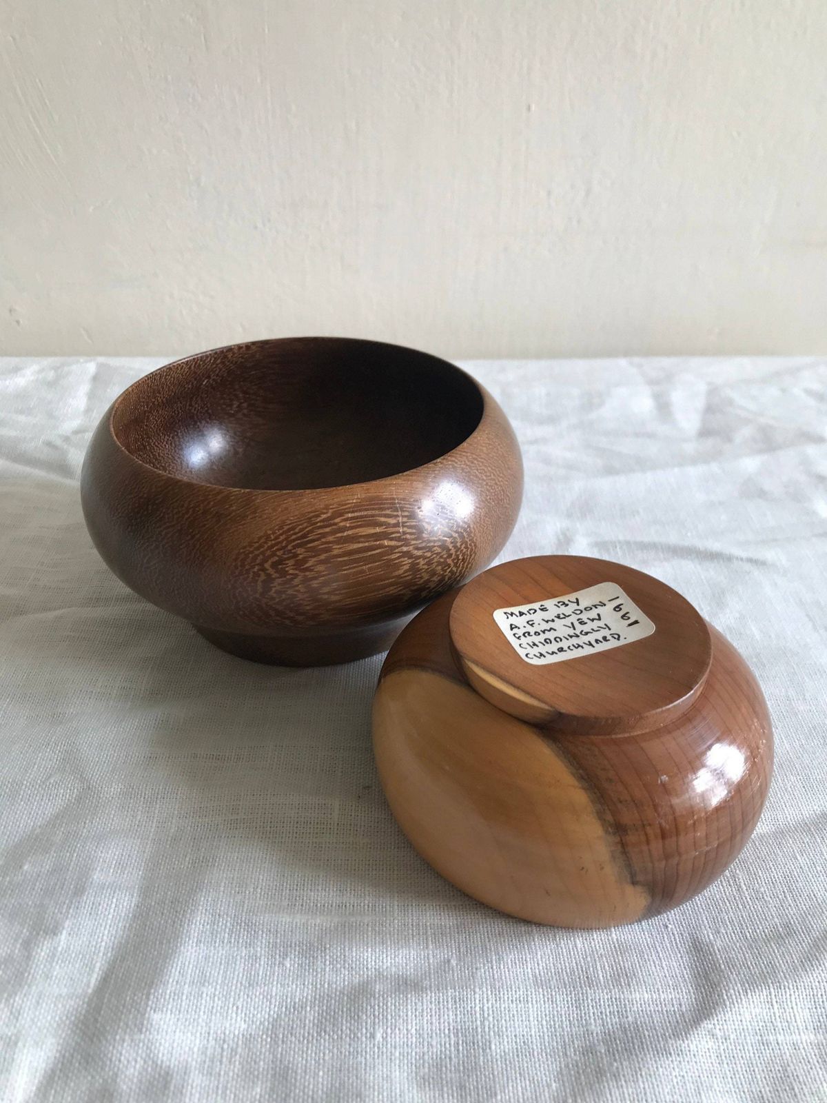 Handmade Wooden Bowls In Solid Yew, Set Of Two Vintage Nesting Dishes photo vinterior