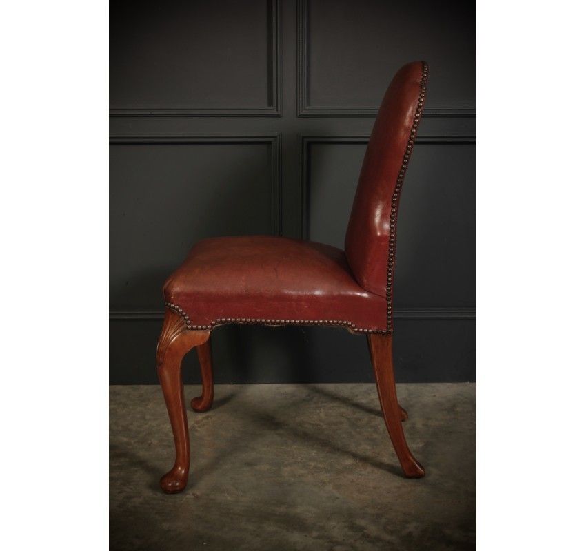 Pair Of Queen Anne Style Walnut & Leather Chairs photo vintage