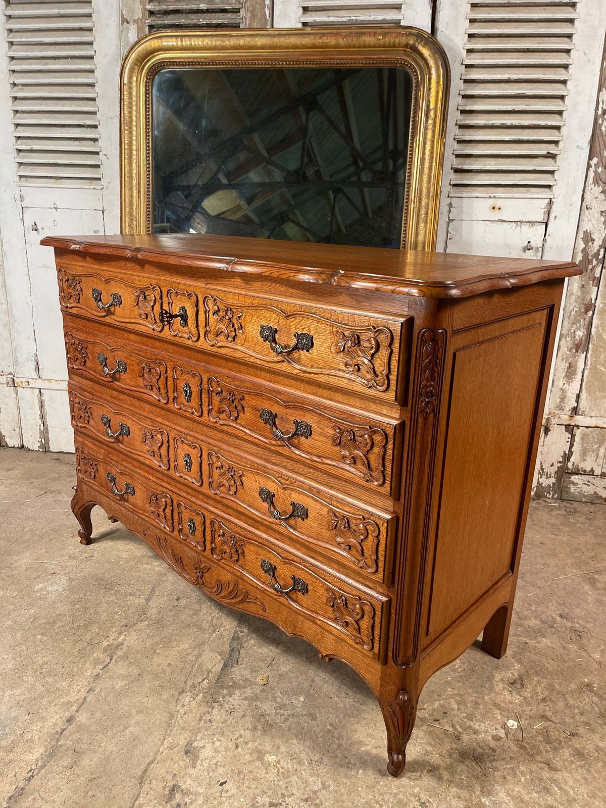 Antique French Carved Oak Serpentine Topped Commode Chest Drawers photo vintage