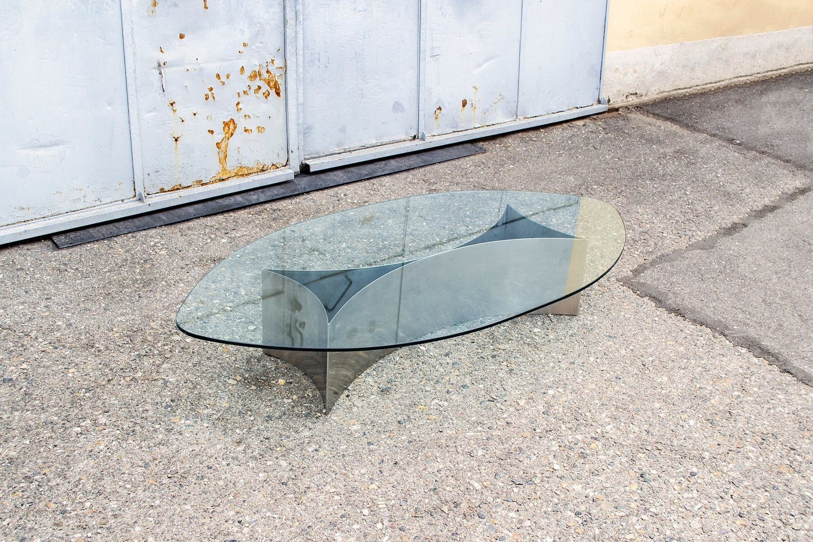 Brutalist Coffee Table With Steel Base And Glass Top, Italy, 1970s photo furniture