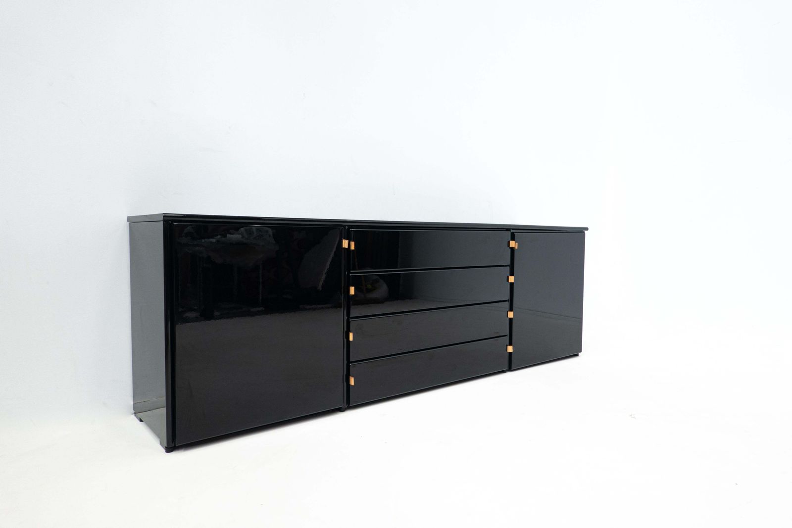 Mid Century Modern Black Sideboard, Leather Handles, Italy, 1960s photo for sale