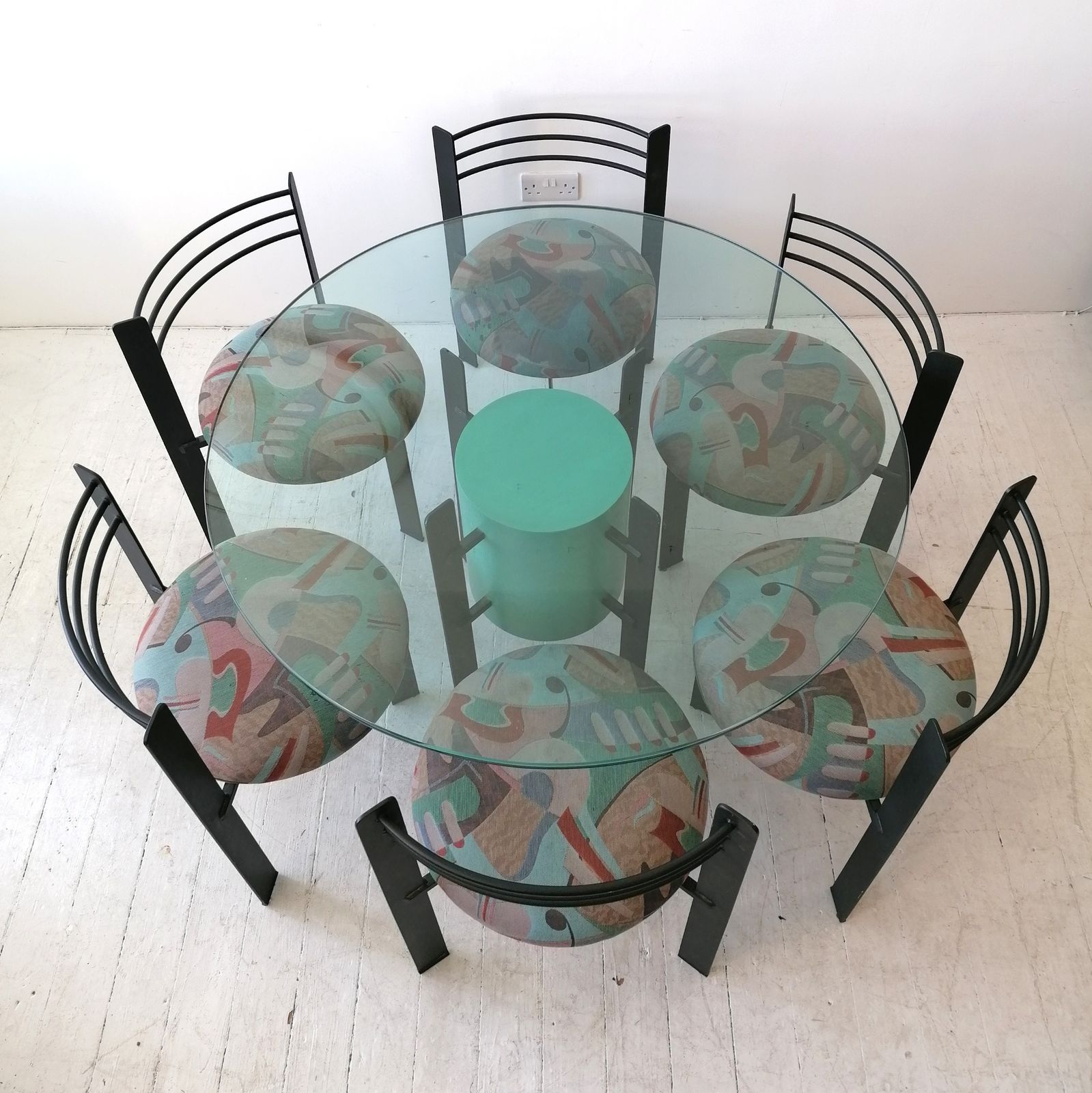 Memphis Milano Style Postmodern Powder Coated Steel, Plywood & Glass Dining Table With 6 Chairs, USA, 1980s
