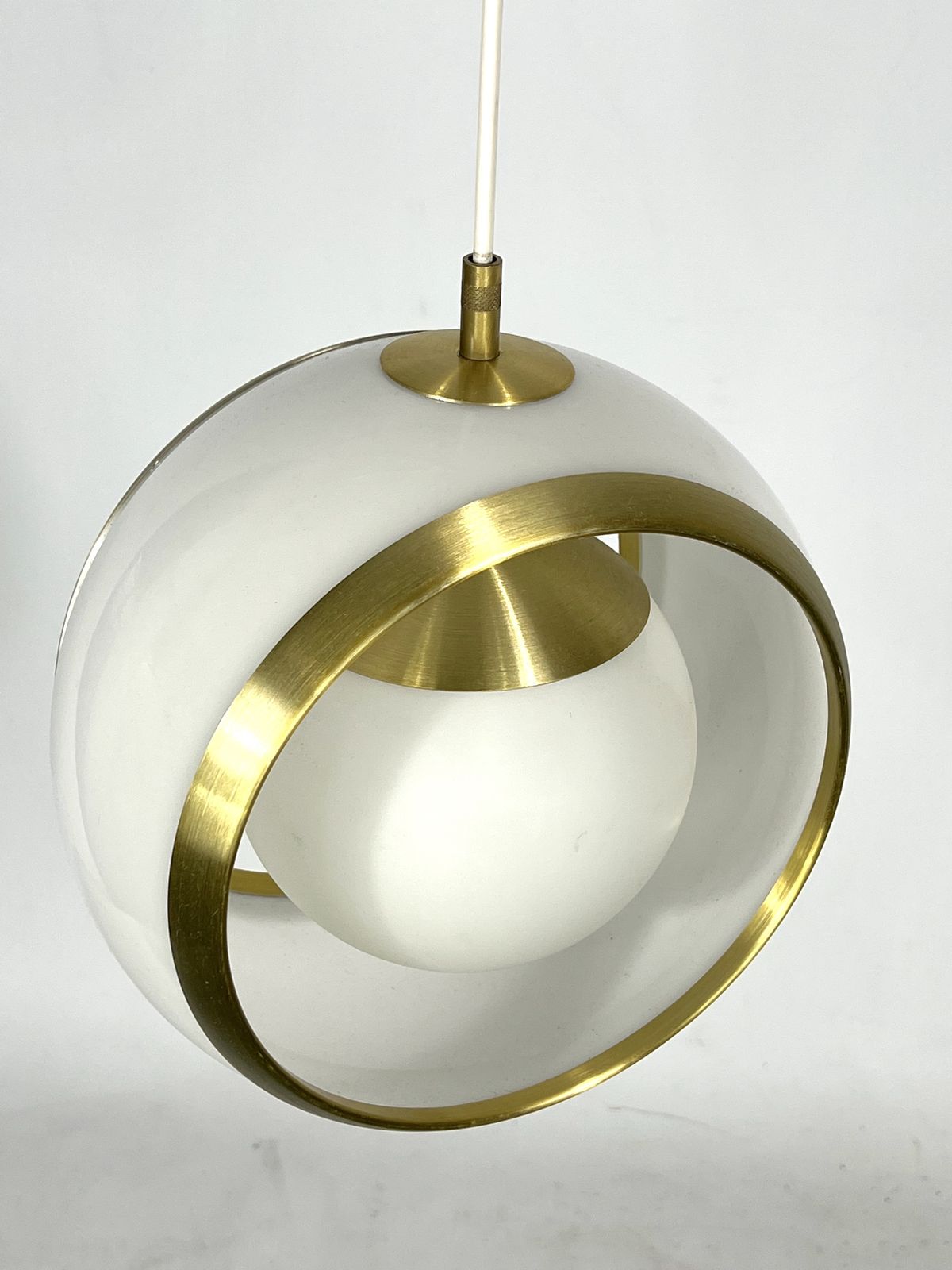 Stilux Milano, Gilded Aluminum, Opaline And Perspex Pendant. Italy 1960s photo Lighting