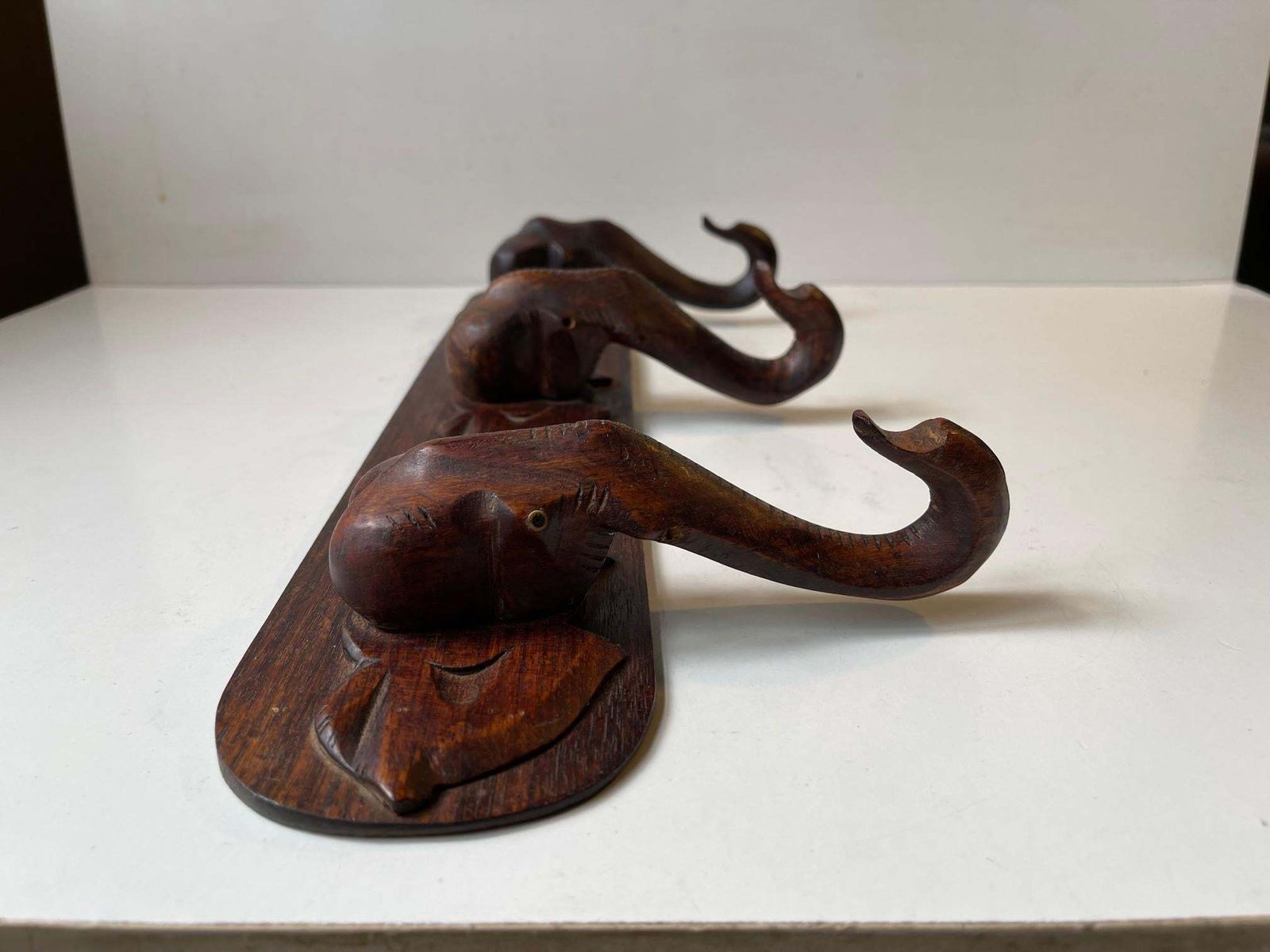 Hand Carved Elephant Coat Or Towel Rack In Dark Wood, 1930s photo buy