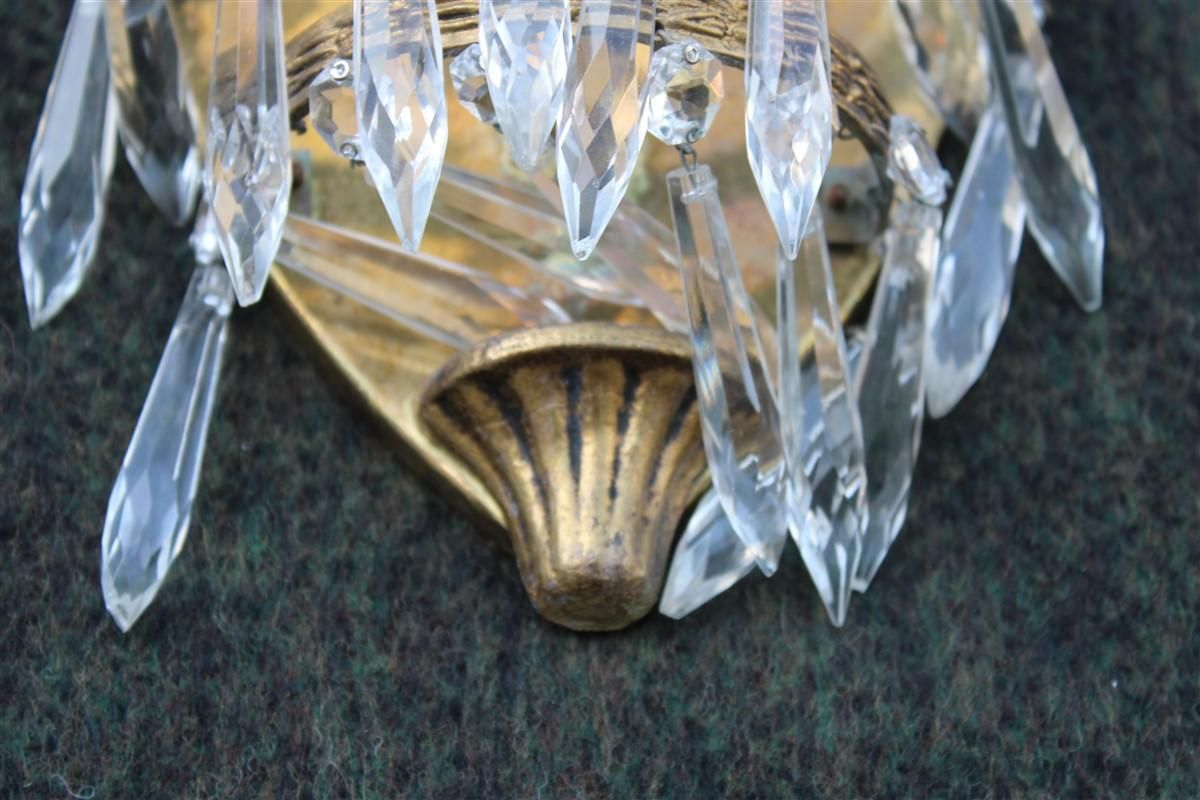 Small Pair Of French Wall Lamps In Machined Brass And 1950s Crystals Baroque photo 857.0