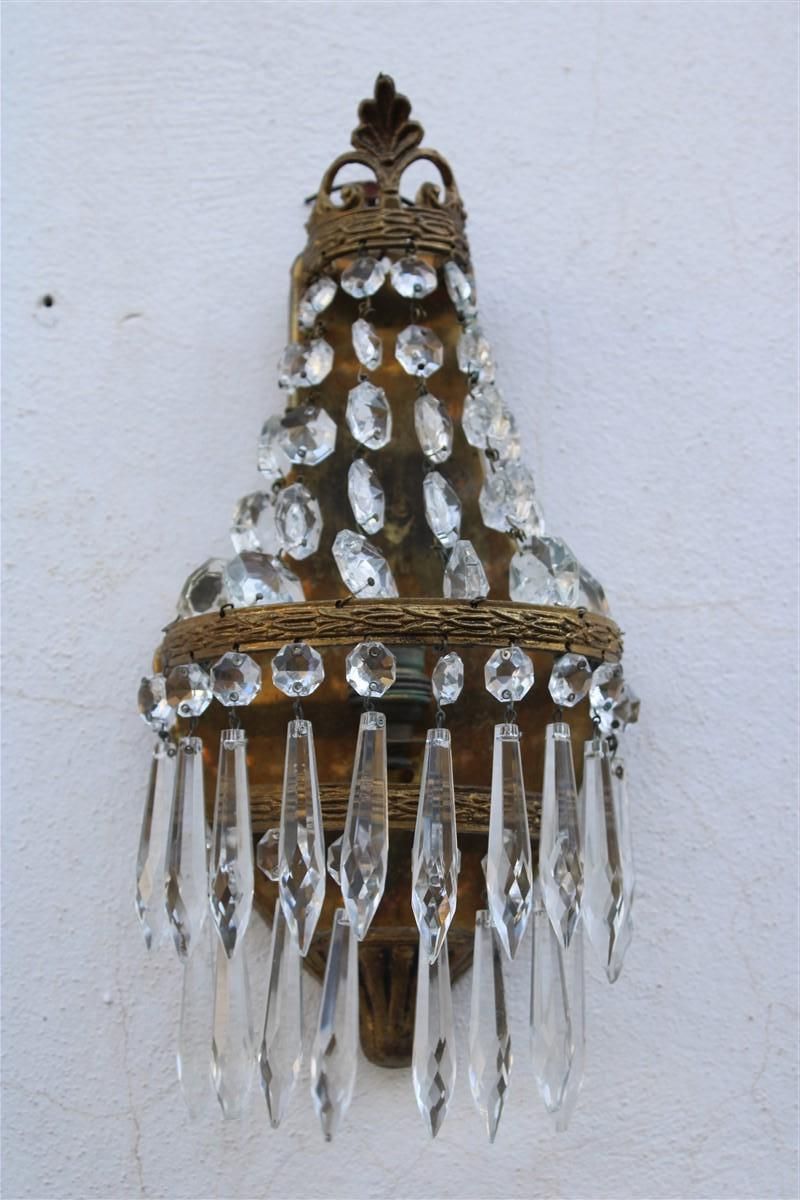 Small Pair Of French Wall Lamps In Machined Brass And 1950s Crystals Baroque photo vintage