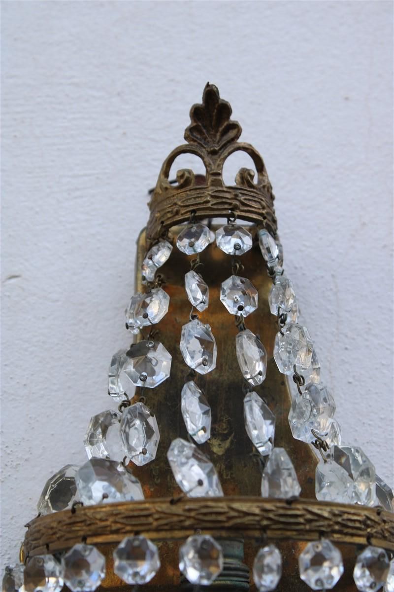 photo for sale Small Pair Of French Wall Lamps In Machined Brass And 1950s Crystals Baroque