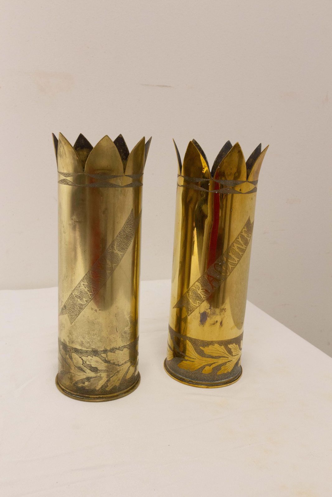 French Pair Of World War I Brass Engraved Shell Casings Trench Artillery, French photo buy