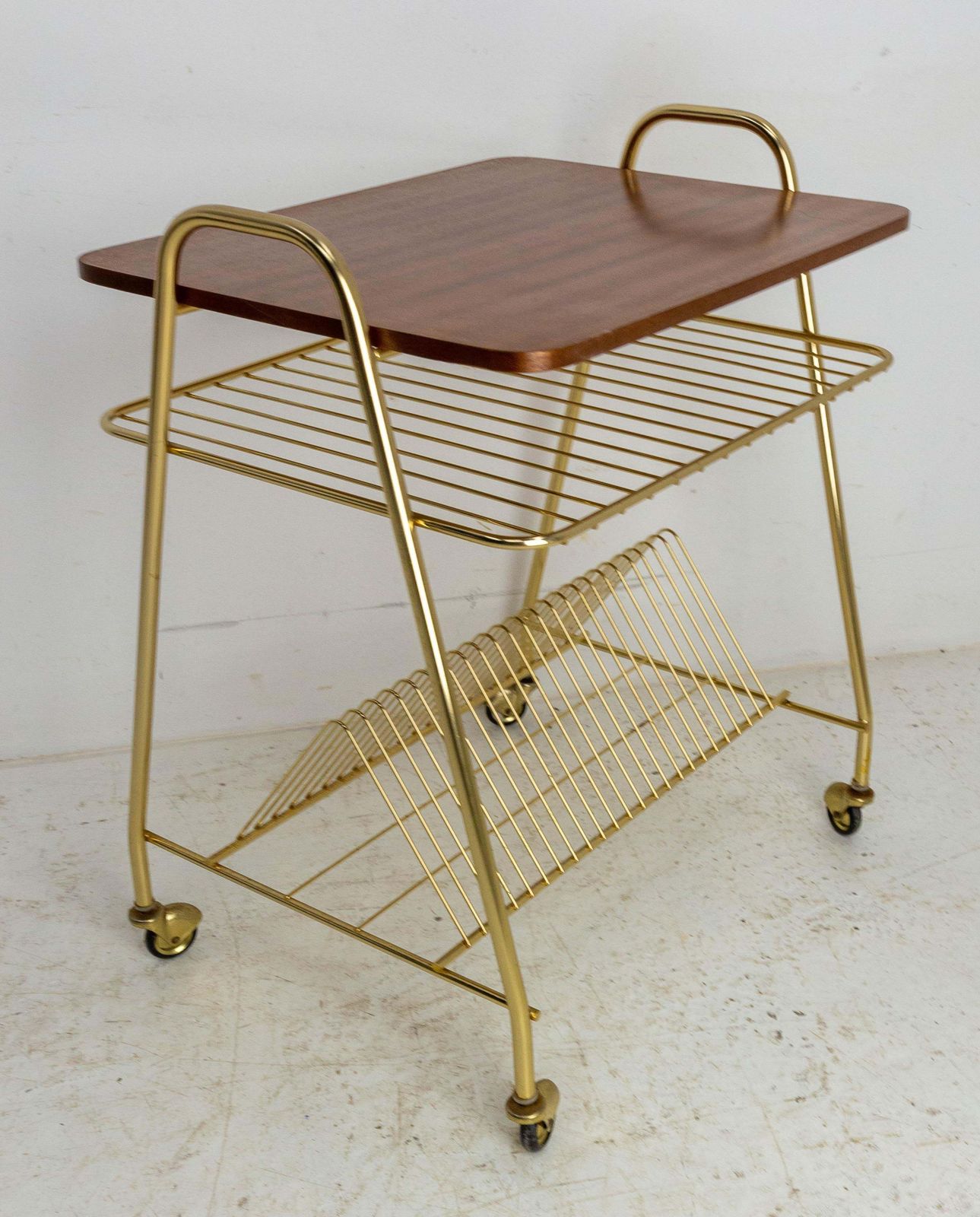 Franse Iroko Goudkleurig Verchroomde Tafelwagen Console Desserte op Wielen, 1960 photo Meubels