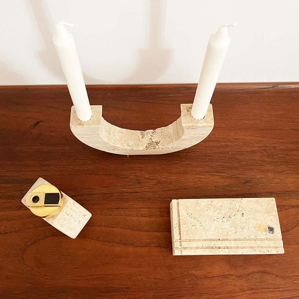 Triptych Candelabra, Lighter, Chest In Travertine F.Lli. Manelli 1970  Art photo for sale