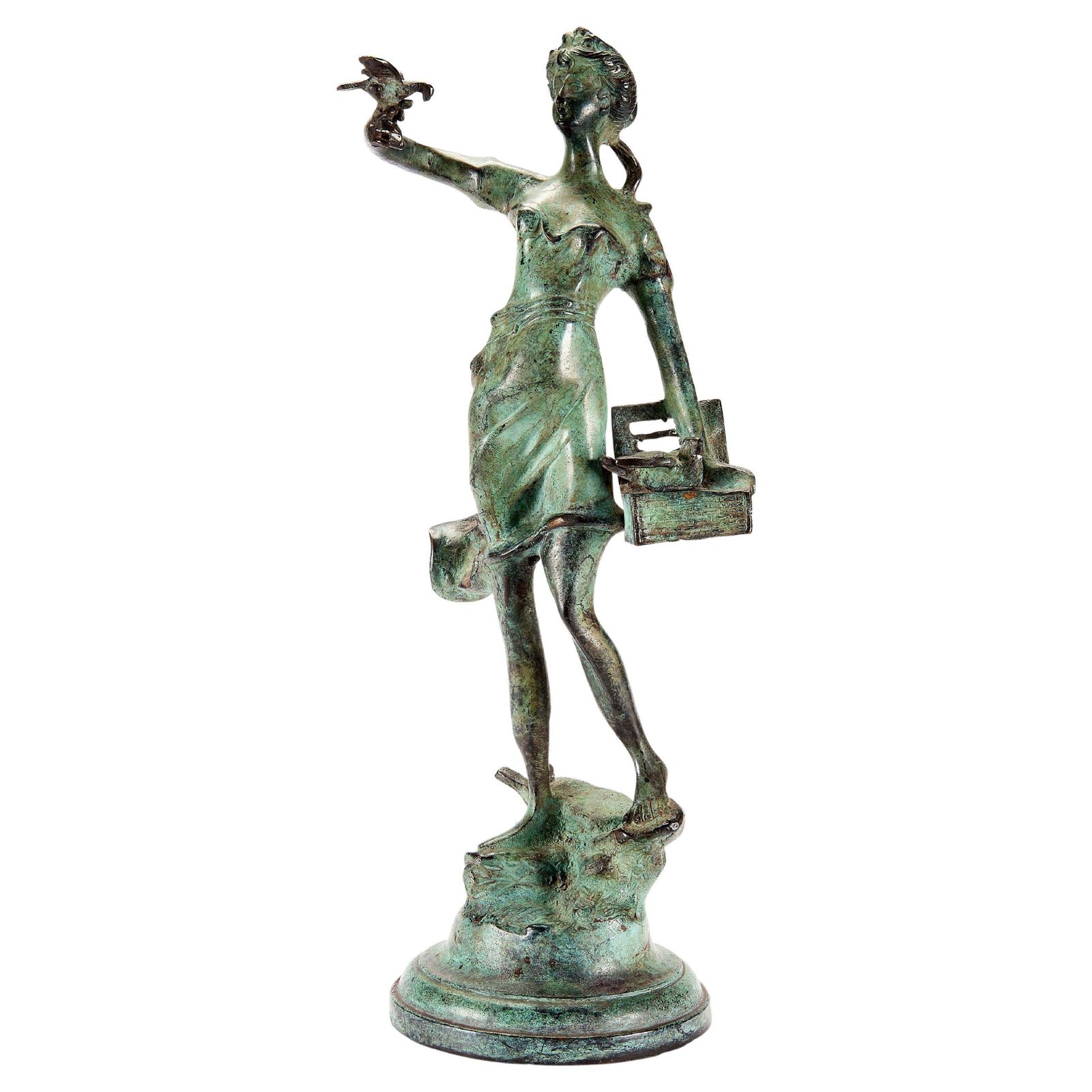 Mid Century Verdigris Bronze Figure Of A Girl Releasing Doves