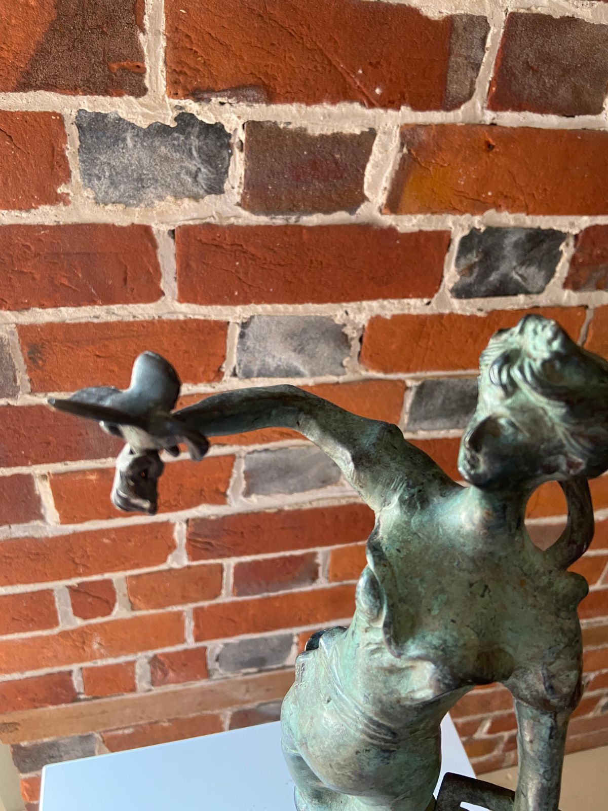 Mid Century Verdigris Bronze Figure Of A Girl Releasing Doves photo vintage