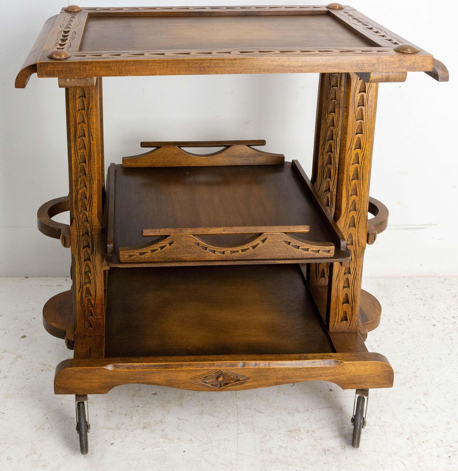 Poplar Cart Drinks Cocktail Table Trolley Three Trays On Wheels, France C. 1940 photo furniture