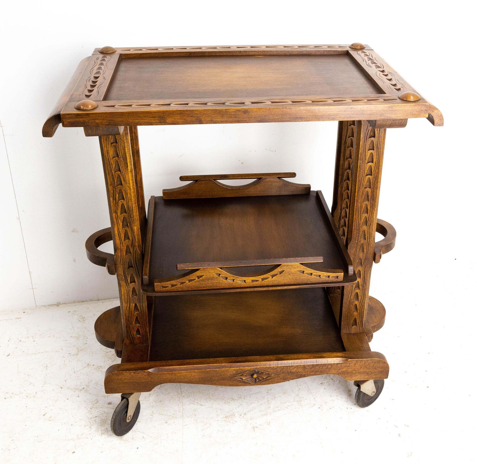 Poplar Cart Drinks Cocktail Table Trolley Three Trays On Wheels, France C. 1940 photo Furniture