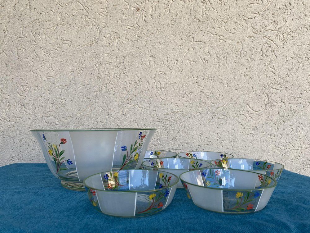 Hand Painted Flower Patterned Glass Bowls, Hungary, 1950s, Set Of 7