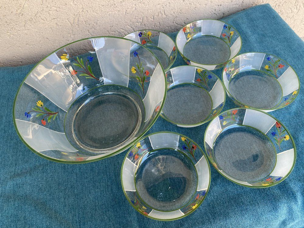 Hand Painted Flower Patterned Glass Bowls, Hungary, 1950s, Set Of 7 photo furniture